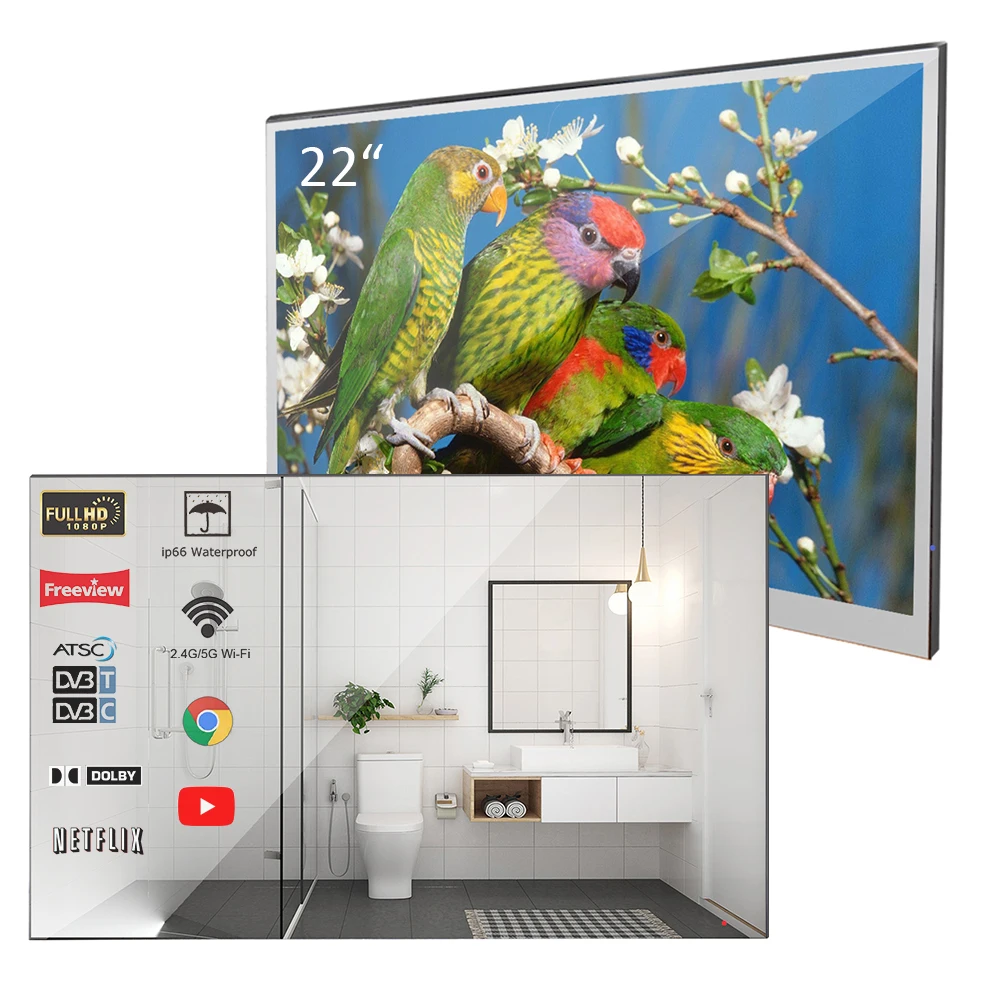 Souria-Velasting 22 inches Russia Android 7.1 Updated Mirror LED Smart TV Waterproof Rated Bathroom in Wall Clear Mirror TV