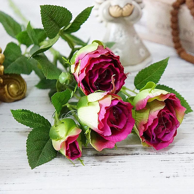 

4 Heads Rose Artificial Flowers Long Stem Wedding Decoration Silk Rose Fake Flower Plastic Branches with Leaves Home Hotel Decor