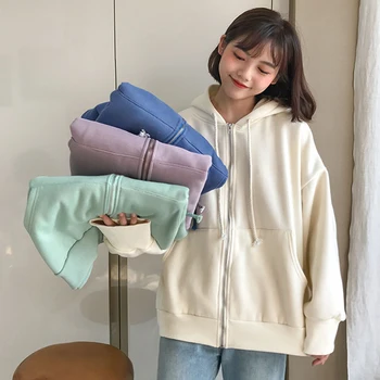 

Basic Fleece Hooded Women Hoodies Zipper Pockets Solid Color Winter Korean Hoodie Casual Long Sleeve Harajuku Sweatshirt Femme