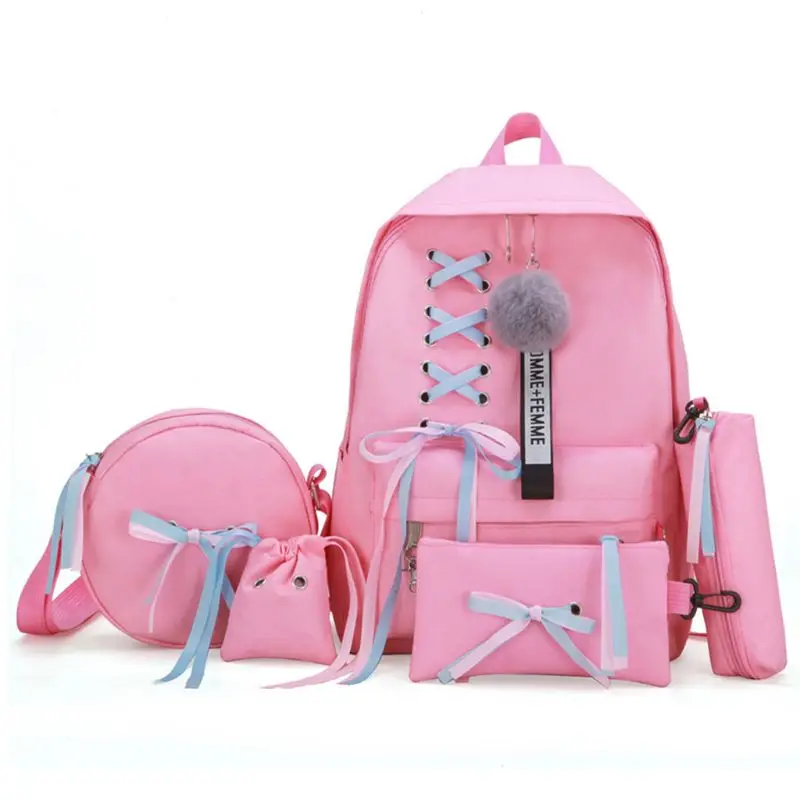 

5pcs Canvas Backpack Ribbon Handbag Shoulder Drawstring Bag Pencil Case Set