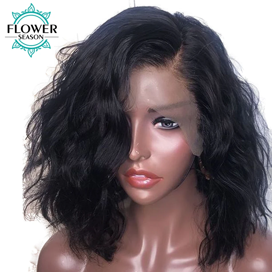 

13x6 Inch Natural Wave Short Bob Brazilian Remy Lace Front Human Hair Wigs For Women Pre Plucked Bleached Knots FlowerSeason