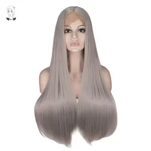 WHIMSICAL W Long Silky Straight Silver Grey Color Straight Wigs Lace Front Synthetic Wig for Women Natural Hand Tied Hair