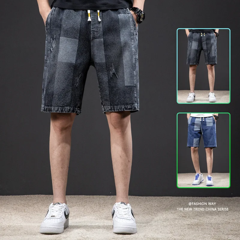 2021 Summer Men's Denim Knee Lenght Shorts Male Korean Style Stitching Casual Five-Point Pants Loose Straight Men Clothing M-8XL