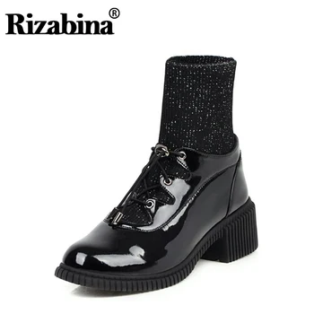 

RIZABINA Women Ankle Boots Genuine Leather Patchwork Knitting Sock Shoes Women Square Heels Casual Platform Boots Size 33-43