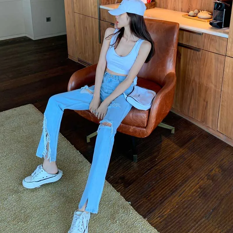 2020 Summer Women High Waist Cowboy Pants Vintage Loose Casual Plus Size Trousers Korean Fashion New Sundress Cowboy Pants