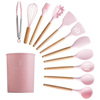 

Pink Cooking Tools Set Premium Silicone Utensils Set Turner Tongs Spatula Soup Spoon Non-stick Shovel Oil Brush Kitchen Tool