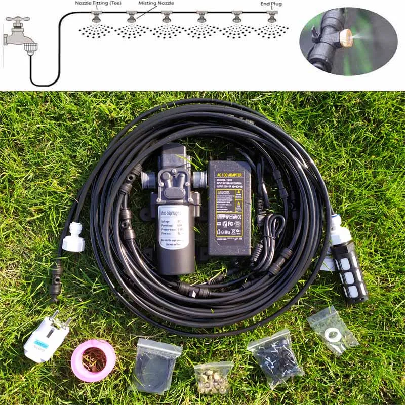 

12M Water Mist Spray Electric Diaphragm Pump Kit Misting System Automatic Water Pump Sprayer with Brass Nozzles for Garden