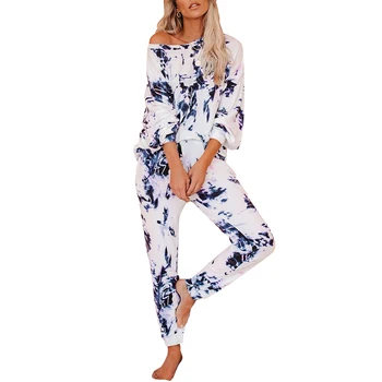 

Plus Size Women Sleepwear Suit Two Pieces Set Tie Dyeing Printed Casual Nightwear Long Sleeves Round Collar Tops Ladies Homewear