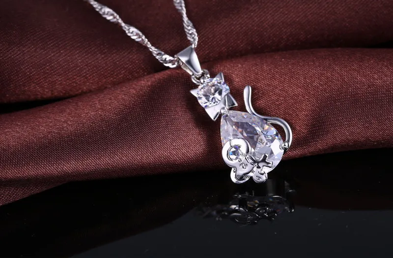 Lovely Christmas Birthday Gift for Girls 925 Sterling Silver Shining Cubic Zircon Cute Cat Pendant Necklace Earrings Jewelry Set