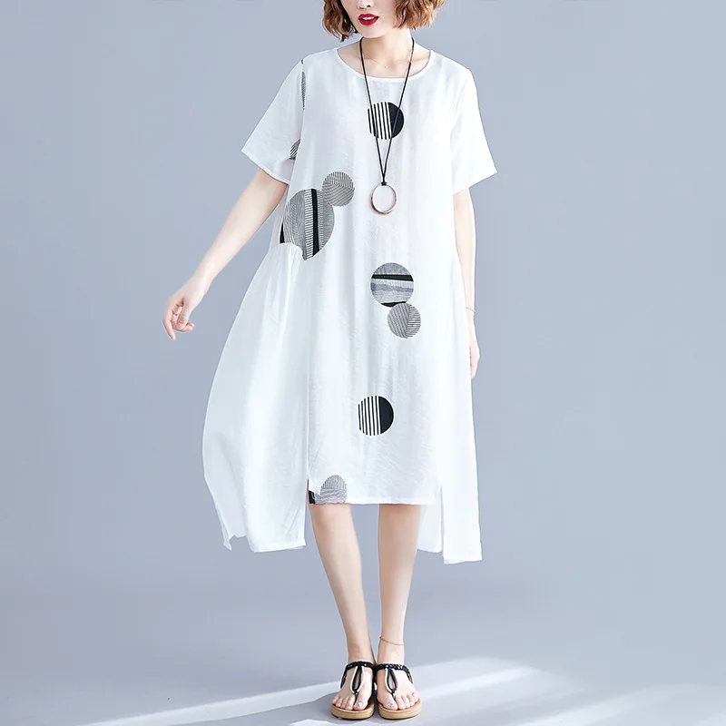 

2019 Summer New Style Loose-Fit Joint Printed WOMEN'S Dress Large Size Slimming Irregular Cotton Linen A- line Medium-length Dre
