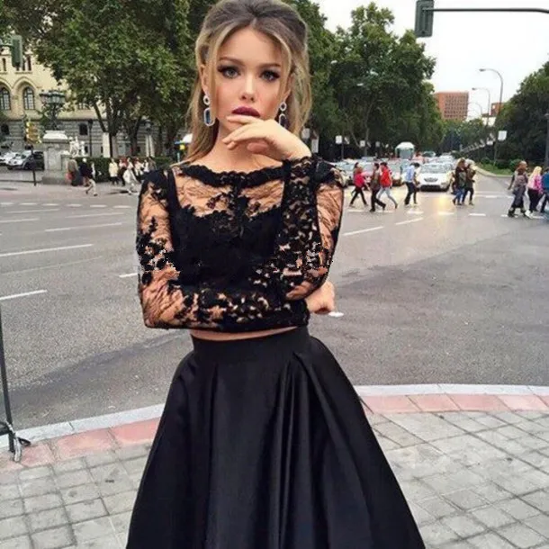 

Black 2 Piece Prom gown with Long Lace Sleeves 2018 Satin Skirt Evening Party Gown robe de soiree mother of the bride dresses