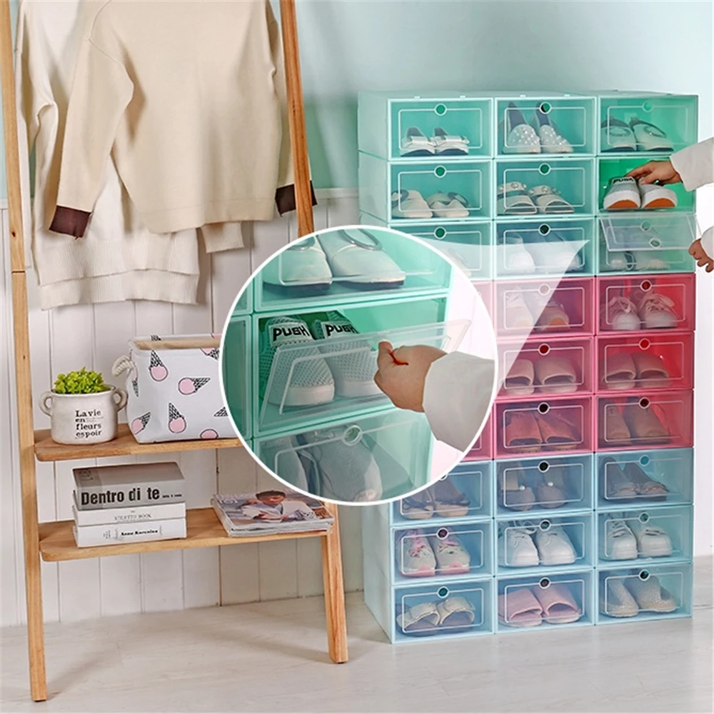 Складываемая коробка для обуви с прозрачным отверстием, складывающиеся цветные кроссовки на высоком каблуке, коробка для хранения пыли и воды, шкаф для обуви