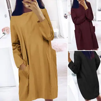 

ZANZEA Women Dress Ladies Long Sleeve Solid Vestidos Long Shirt Cotton Sundress Summer Robe Femme Pockets Dresses