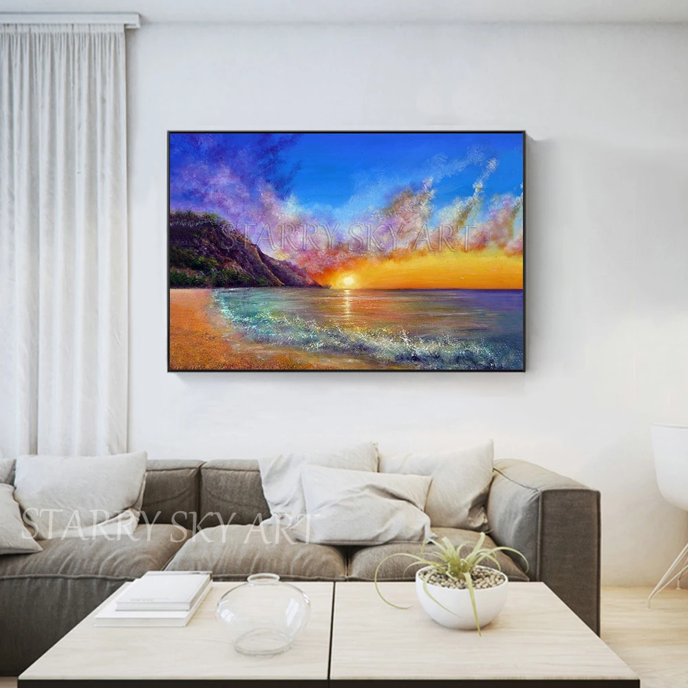 Excellent Artist Hand-painted High Quality Beach and Sunrise Acrylic Painting on Canvas Rich Colors Seascape Acrylic Painting