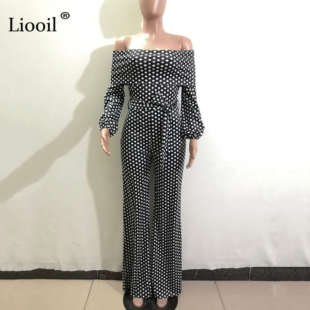 Liooil, белый, в горошек, сексуальный женский комбинезон,, длинный рукав, с открытыми плечами, с поясом, вечерние, Клубные комбинезоны, комбинезон, черный комбинезон