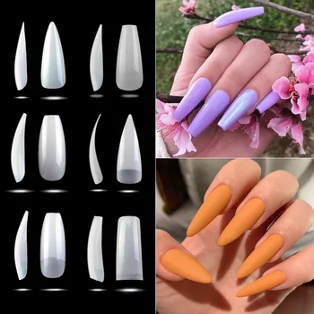 

500pcs/opp Ballerina French Fake Nails Art Tips Natural Clear False Coffin Nails Art Tips Flat Shape Full Cover Manicure
