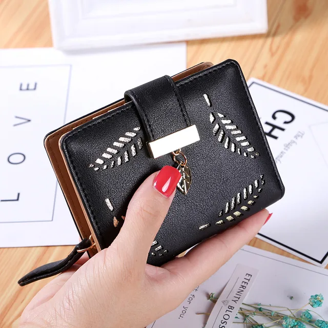 Women's Hollow Golden Leaf Buckle Wallet Female Long Zipper Coin Purses Ladies Multifunction Card Holder Clutch Money Bag Black Short