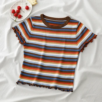 

HELIAR Strips T-shirts Women 2020 Summer Skinny Knitting Rainbw Tees Ladies Fashion Short Sleeve Flounce Hem T-shirts Women
