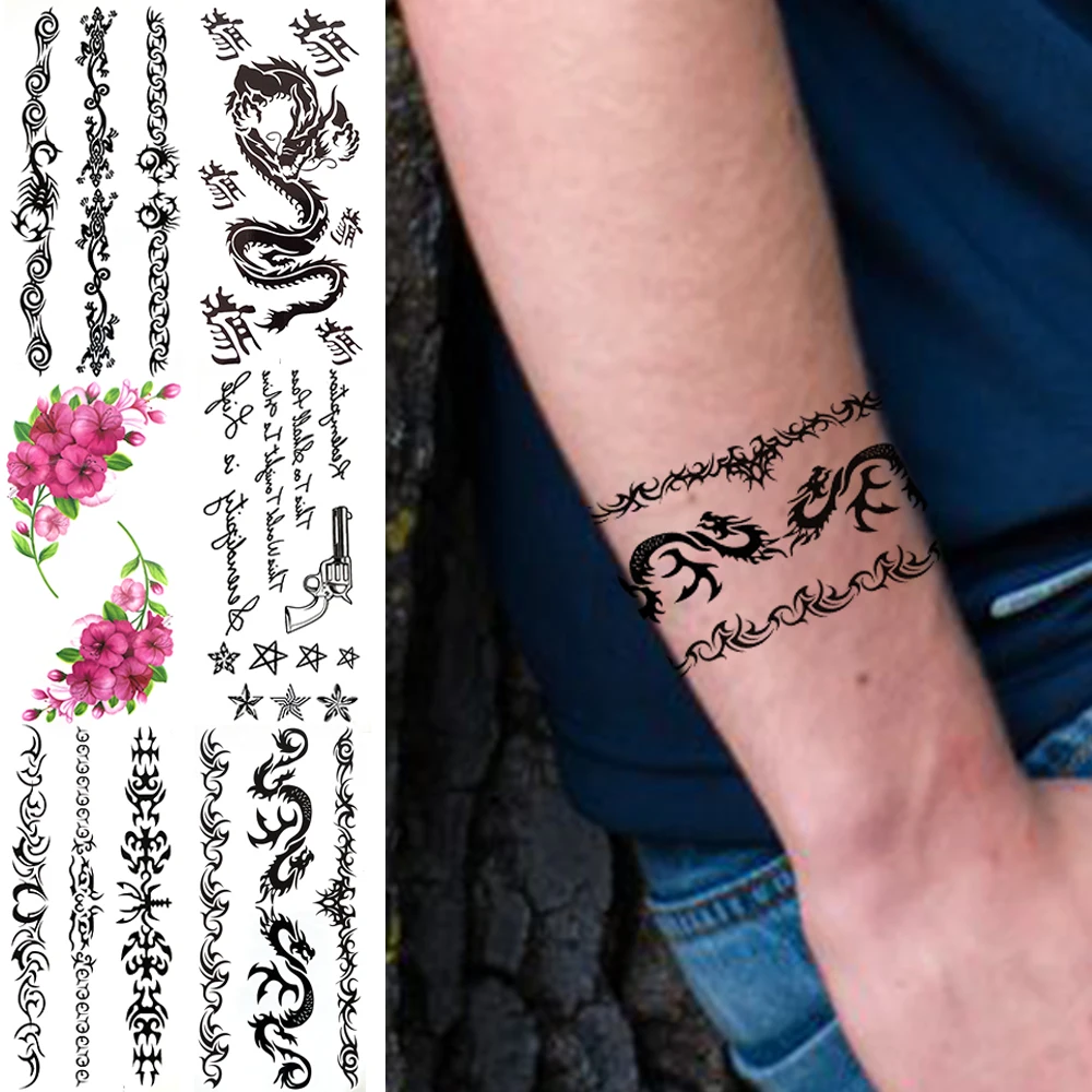 

Tribal Dragon Totem Temporary Tattoos For Men Women Indian Bracelet Scorpion Vine Fake Tattoo Realistic Waterproof Tatoo Sticker