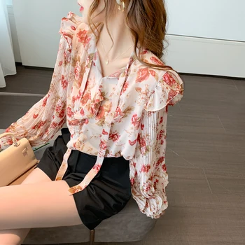 

COIGARSAM Ruffles blouse women Spring Full Sleeve Floral Print Chiffon Belt V-Neck blusas womens tops and blouses 1172