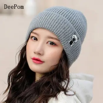 

DeePom Winter Hats For Women Cat Pattern Knitted Hat Female Ear Protection Solid Color Warm Beanie Stretch Hats Bonnet