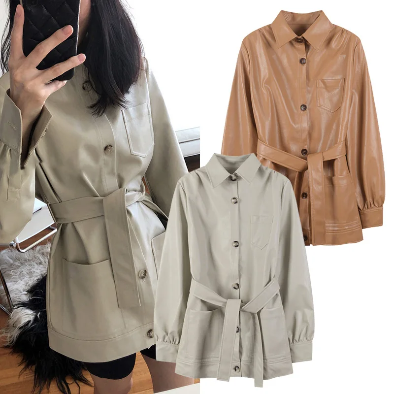 

2019 New Style PU Leather Spring And Autumn Military-Style with Belt Shirt Jacket Shirt Single Breasted Long-sleeved Coat