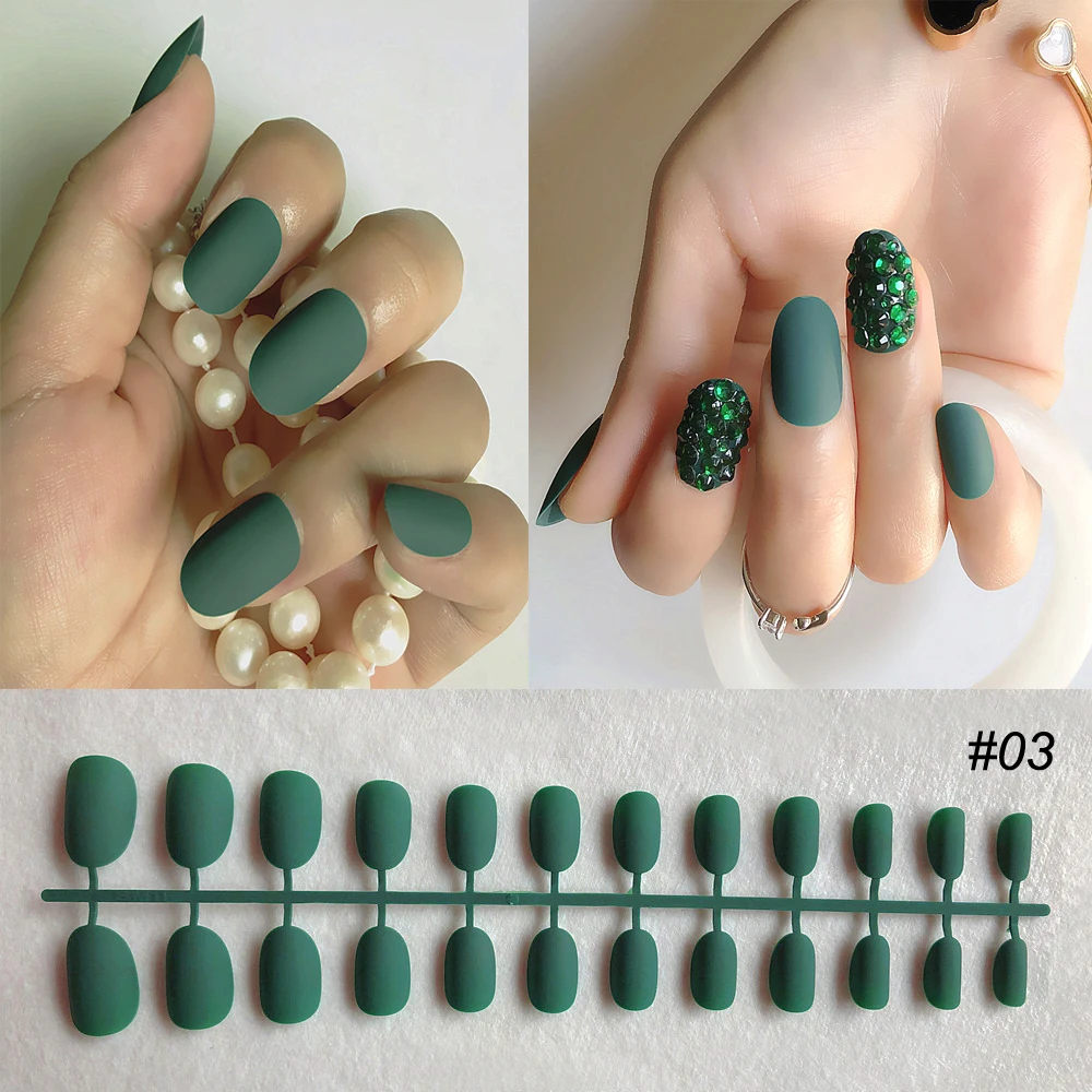24 pcs of dark green fake nail tip short matte design pressing on false nail  custom water drill fake Acrylic Nail Art Tips|False Nails| - AliExpress