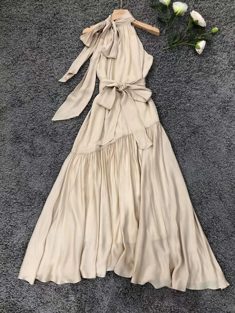 

Bow Tie Elegant Long Dress 2020 Summer Club Evening Women Belt Patchwork Sleeveless Apricot Black Long Maxi Dress Boho Beach