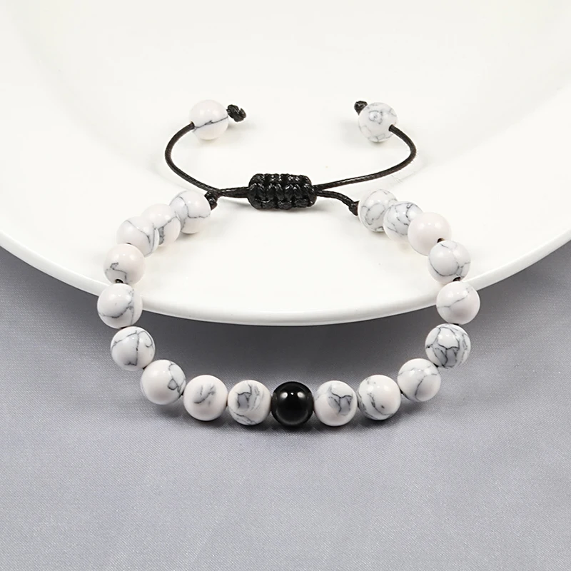 Классический мужской браслет с бусинами белый и черный браслет с камнем тигровый глаз Регулируемая оплетка браслет из натурального камня для женщин подарок