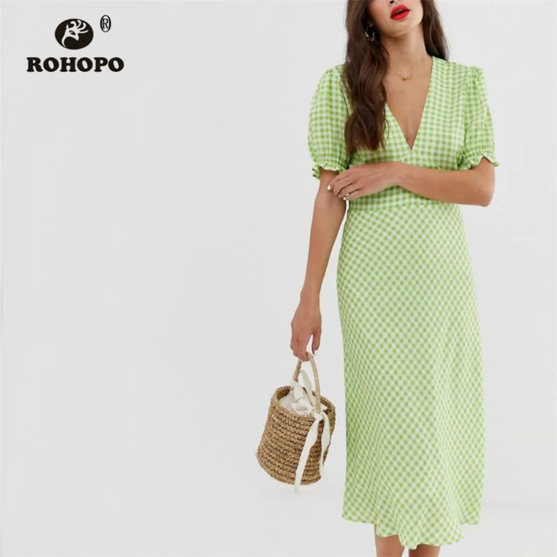 ROHOPO/расклешенное зеленое хлопковое платье средней длины в клетку с пышными рукавами для девочек; сезон осень; шикарное Элегантное повседневное платье до середины икры; Vestido#9121