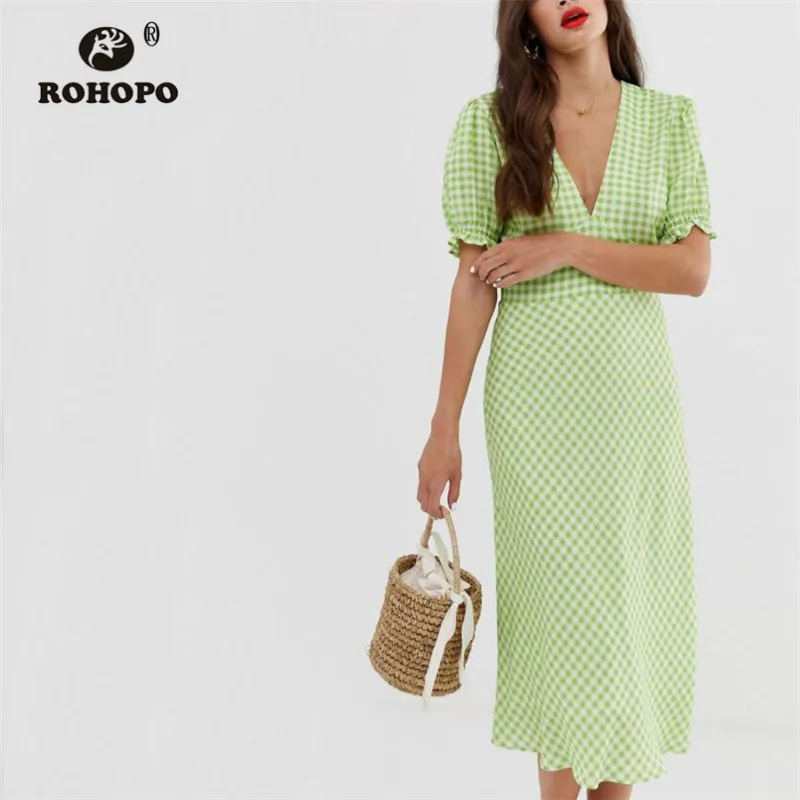 

ROHOPO Puff Sleeve Fit Flared Plaid Green Cotton Midi Dress Girl Autumn Chic Preppy Casual Mid Calf Vestido #9121