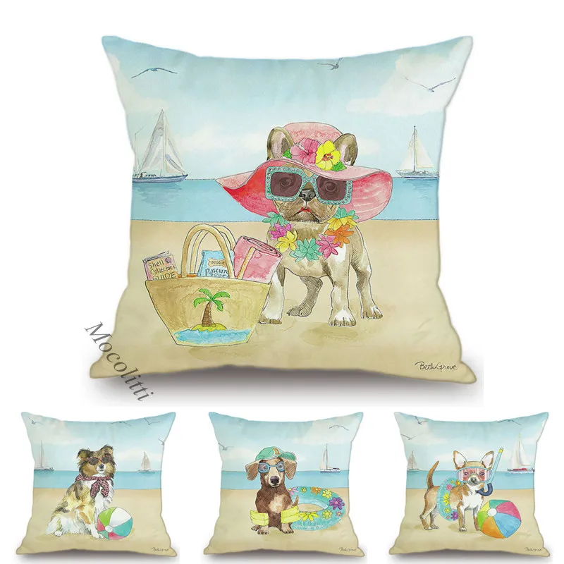 Dog Swimming Cute Home Decoration Sofa Throw Pillow Cases Funny Animal Beach Vacation Water Color Art Bed Velvet Cushions Cover | Дом и сад