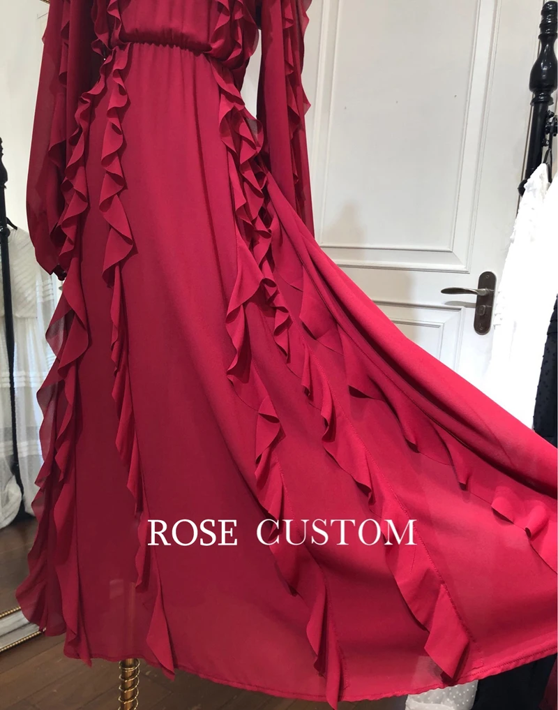 Red RoosaRosee дизайнерское женское платье миди с длинным рукавом-фонариком и оборками элегантные вечерние платья для отдыха женские платья