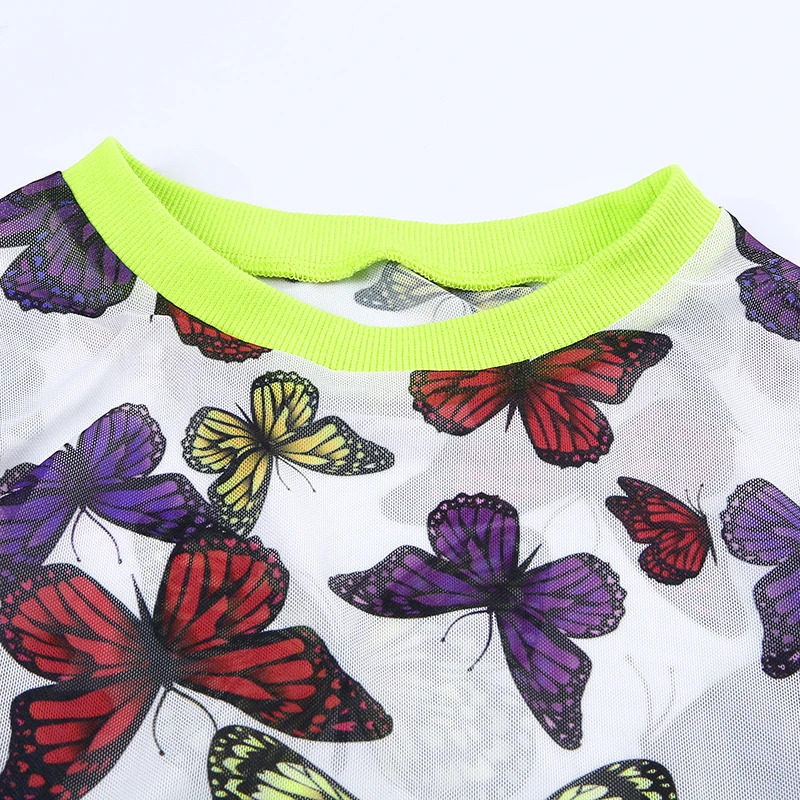 HEYounGIRL прозрачный сетчатый укороченный топ, футболка, Женская Сексуальная футболка с принтом бабочки, женские белые футболки с длинным рукавом, осень-весна