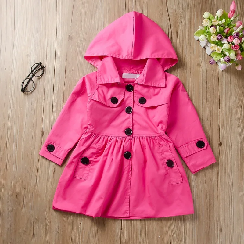 Осеннее пальто с капюшоном для девочек в Корейском стиле; хлопковая однотонная длинная универсальная ветрозащитная одежда для маленьких девочек; ветровка