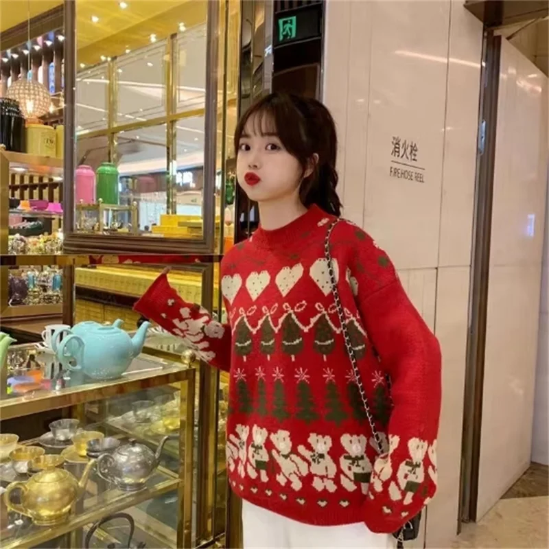 

Women Loose Sweaters 2020 Autumn Winter Christmas Style Women Pullover Knitted Sweater Jumper Soft Warm Korean Printing Coat