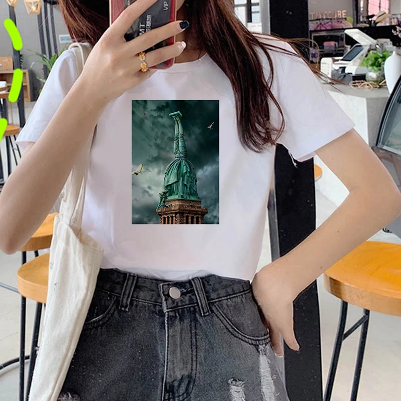 Women's Wreath T-shirt Statue of Liberty clothes ladies short sleeve Kawaii Tees top graphic T-shirt printing T-shirt female