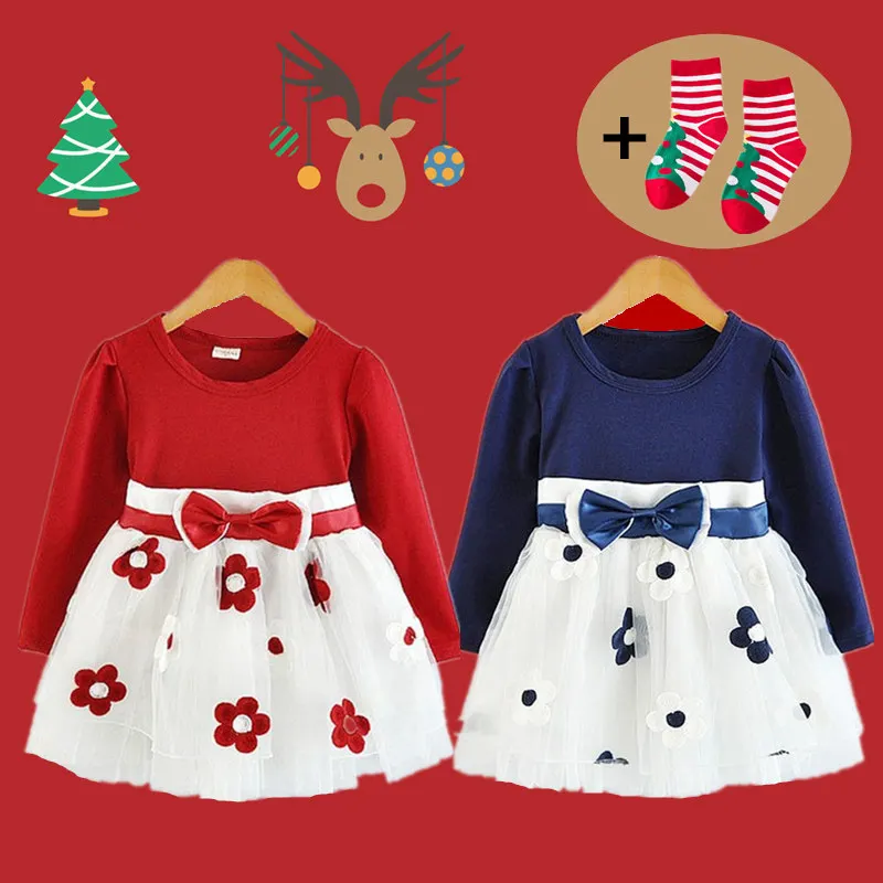 

Baby Girls Christmas Dresses Red New Year Party Costumes Santa Claus Autumn Winter Long Sleeves Dress Christmas Girls Clothing