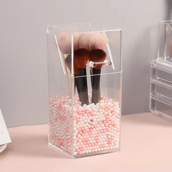 

New Makeup Brush Storage Box Organizer Dust-proof With Cover Cosmetic Tool Holder Acrylic Clear Pearl