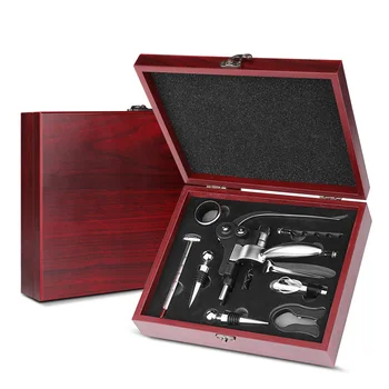 

Stainless Steel Wine Opener with Red Wood Case 9-pcs Manual Opener Set Rabbit Corkscrew Pourer Gadgets Tools Kitchen Accessories