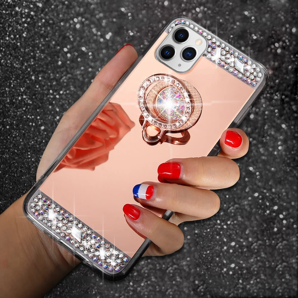 LLZ.COQUE Shiny Diamond Mirror Case For Huawei P30 Pro P20 Mate 20 P10 P9 P8 Lite 2017 Girl Bling Glitter Finger Ring Cover |