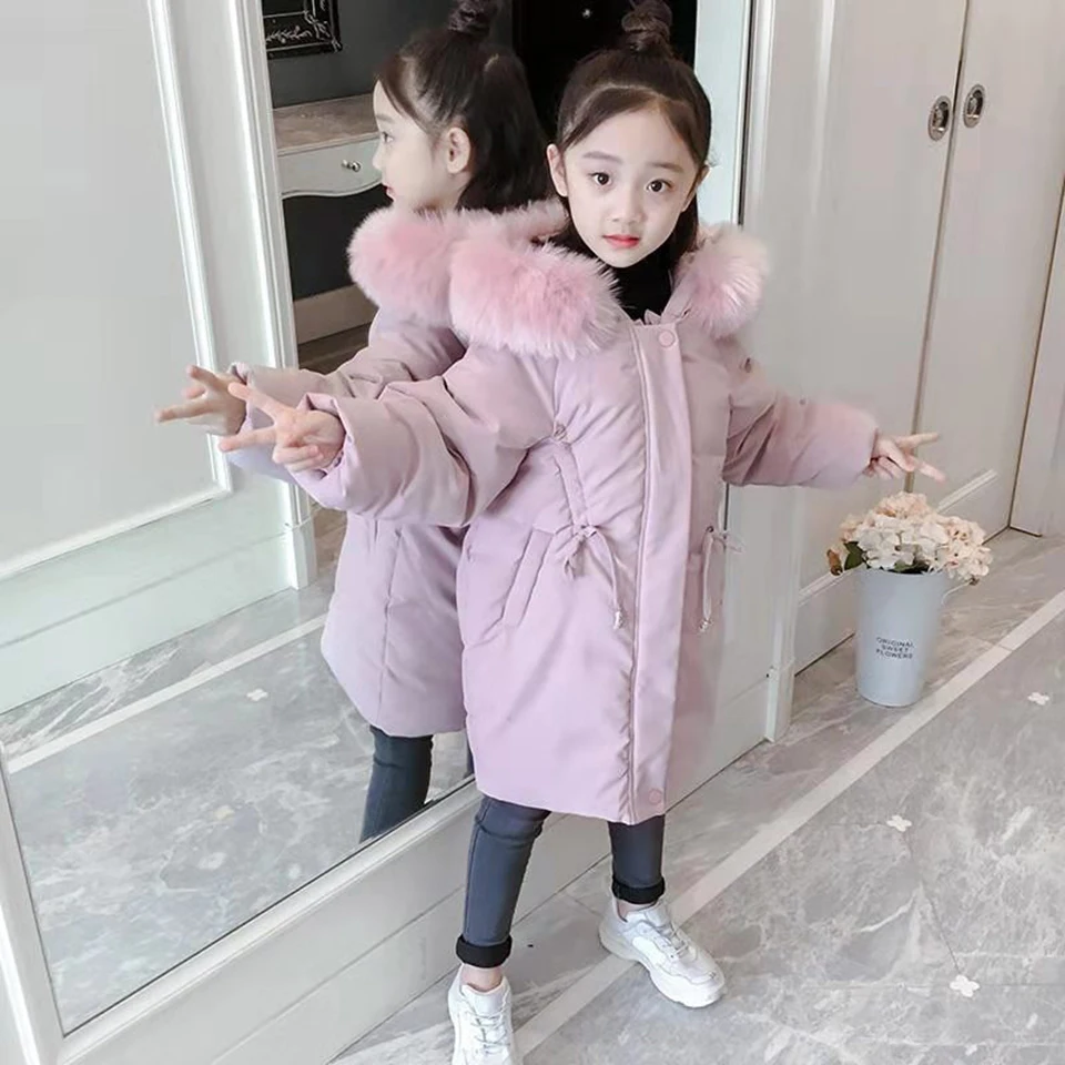 

Fashion Thicken Winter Parkas Windproof Warm Outerwear Baby Girls Long Fur Collar Coat Casual Children Outwear For 110-160CM
