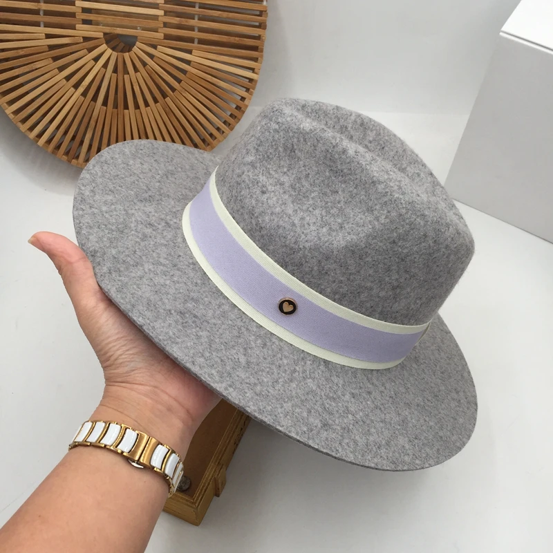 Fleece hat color ribbon white light purple double black metal logo jazz fedoras Panama | Аксессуары для одежды
