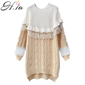 

H.SA 2019 Winter Lace Sweater Dress Women Tunic Twist Basic Dresses Knitted Long Sleeve Fall Khaki Sexy Party Dress