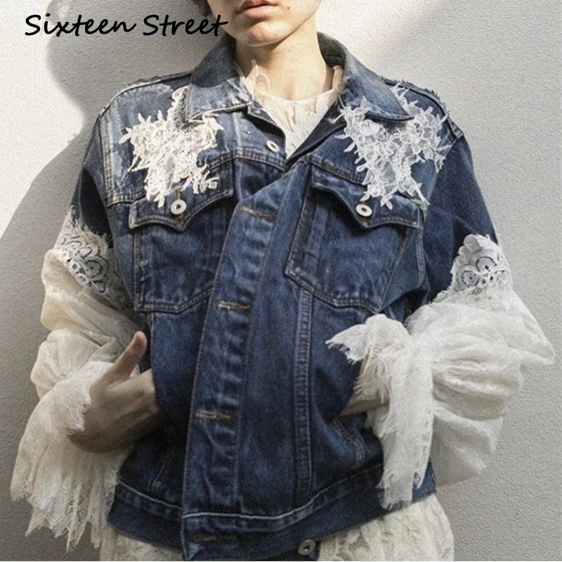 

New Autumn denim jacket Woman lace patchwork vintage runway jeans jacket see through veste femme spring