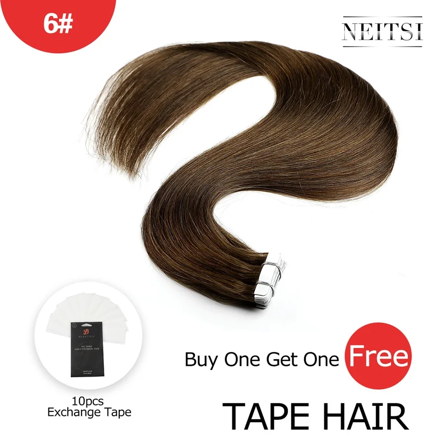 #6 Neitsi Machine Made Remy Tape In Human Hair Extensions 20" Double Side Tape Straight Ombre Skin Weft Hair+ Free Exchange Tapes - Цвет: #6
