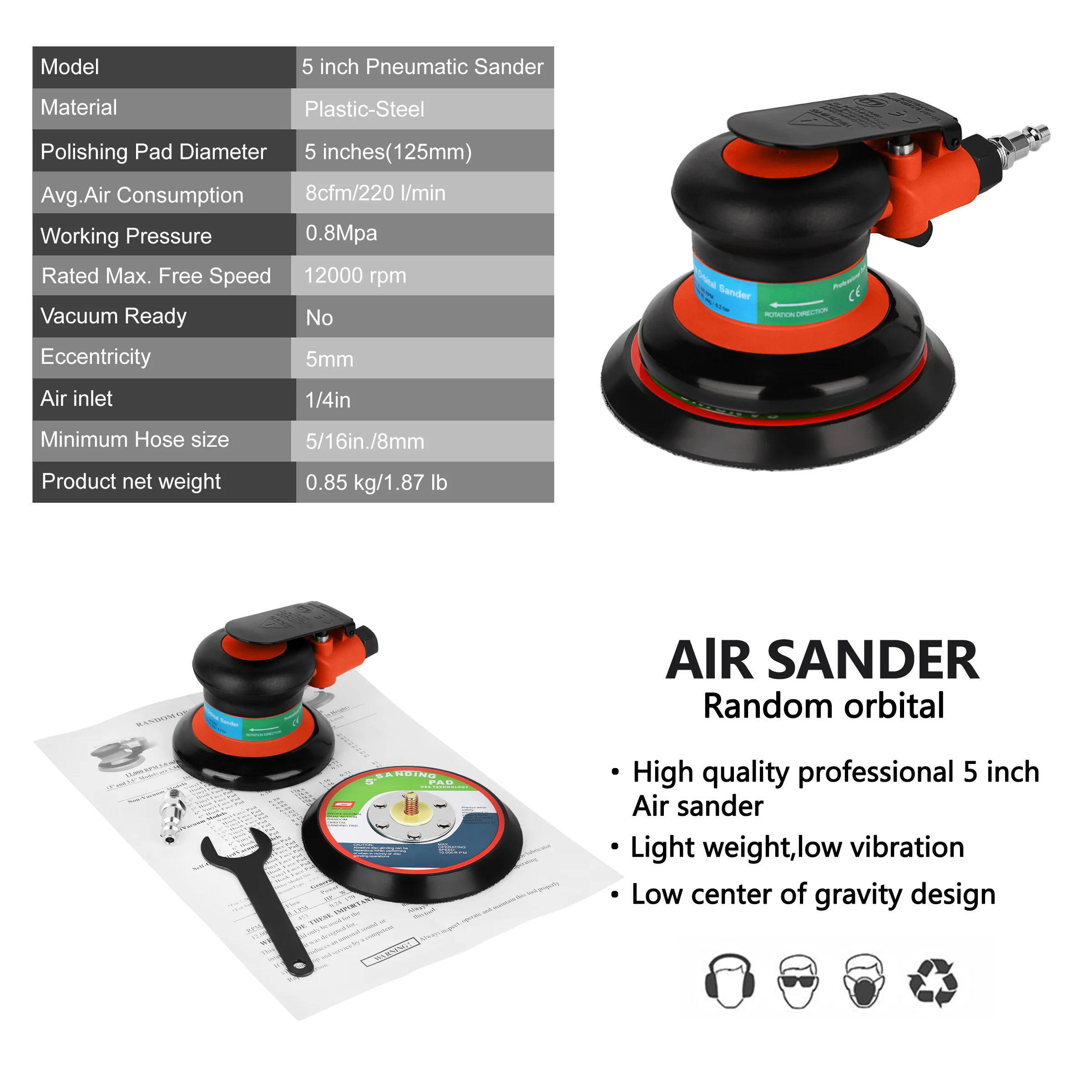 Pneumatic Orbital Sander VALIANTOIN Air Grinder 125mm Vacuum Eccentric Polishing/Grinding Machine Pneumatic Tools