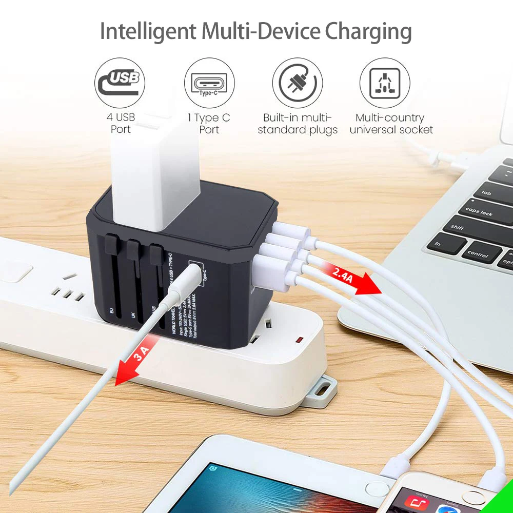 Adaptador de Viagem tipo c Adaptador de Alimentação para Plugues de Viagem Conversor para a ue Carregador de Viagem Universal Reino Unido au 4usb Eua - Image 6