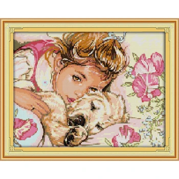 

Joy sunday The girl and dag Chinese cross stitch kits Ecological cotton clear stamped printed 14CT 11CT DIY wedding decoration