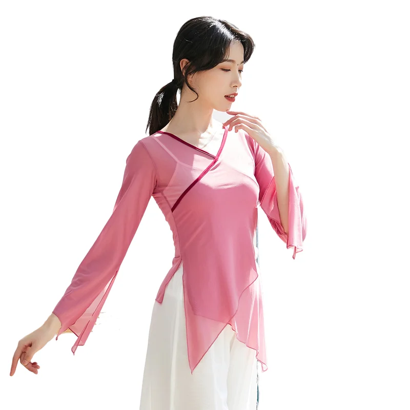 Classical Dance Shirt Sexy V Neck Body Rhyme Transparent Gauze Dress Women Chinese Folk Dancer Performance Costume Long Sleeve